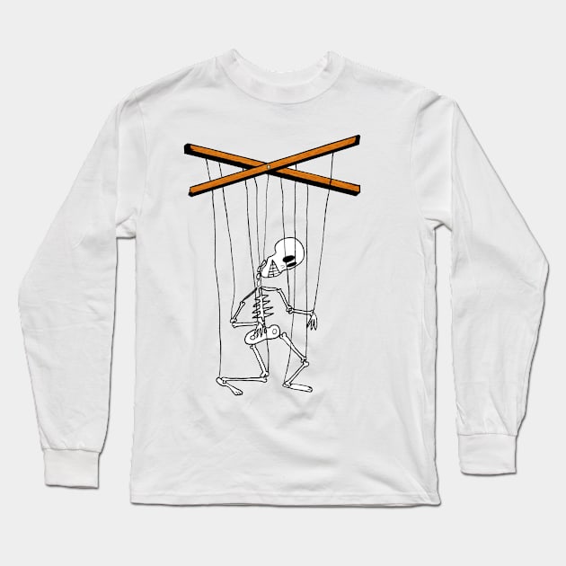 Skeleton Puppet Hanging from Strings with Wood Controls Long Sleeve T-Shirt by Kathy Braceland Art